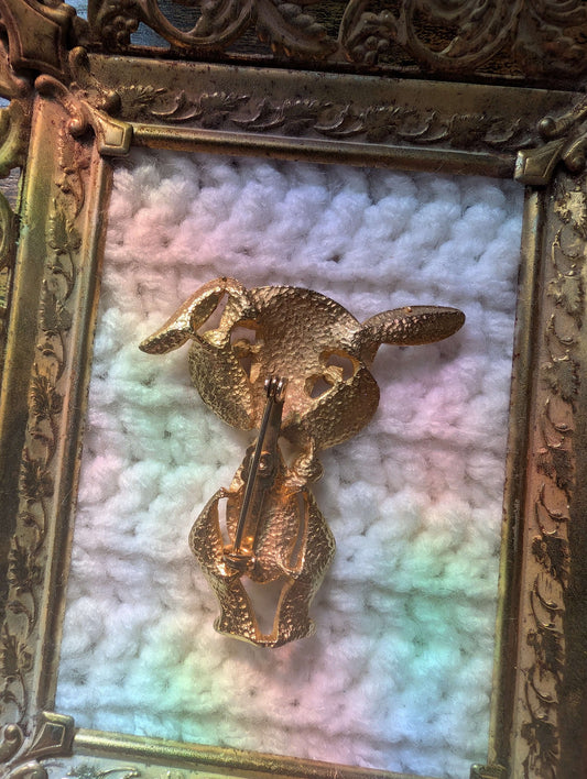 Gold-toned Rabbit Brooch w/Pearl and Rhinestone Eyes